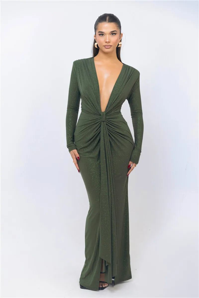 Glitter Deep V Neck Sexy Maxi Dress For Women Elegant Sparkle Long Sleeve Ruched Bodycon Split Club Party Sexy Dress