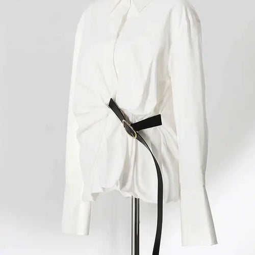 Load image into Gallery viewer, Women Pink Color Belted Irregular Big Size Bud Blouse New Lapel Long Sleeve Shirt Fashion Tide Spring Autumn 2025 7AB6480
