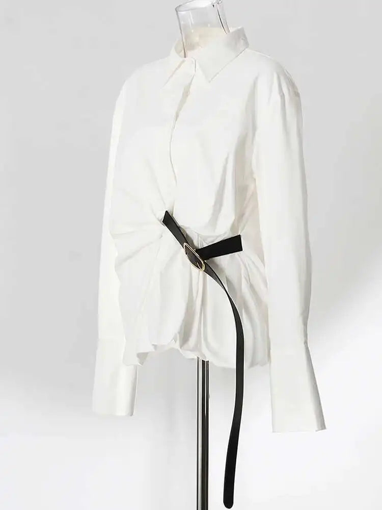 Women Pink Color Belted Irregular Big Size Bud Blouse New Lapel Long Sleeve Shirt Fashion Tide Spring Autumn 2025 7AB6480