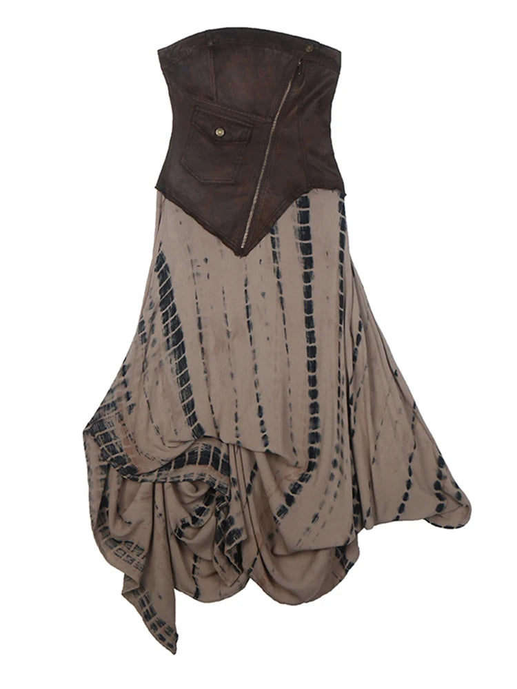 Women Brown Irregular Spliced Tie Dye Vintage Long Strapless Dress New Sleeveless Fashion Tide Spring Autumn 2025 1DH9375