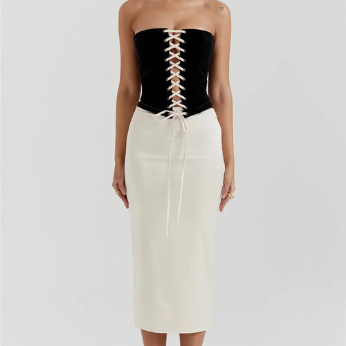 Load image into Gallery viewer, Elegant Sexy Skirt Two Piece Set Women Strapless Bandage Crop Top And Maxi Skirt Female Fashion Club Party Sexy Sets
