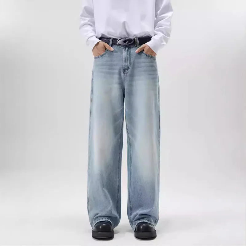 Summer Mens Jeans Vintage Distressed Straight Wide Leg Baggy Denim Pants Streetwear New Fashion Men Trousers Spring 9W1547