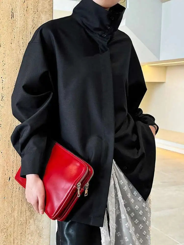 Women Green Brief Elegant Big Size Blouse New Stand Collar Long Sleeve Shirt Fashion Tide Spring Autumn 2025 1DH6652