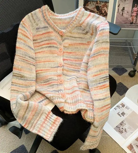 Autumn Winter Beige Stripes Gradient Long Sleeved Short Sweater Women's O-neck Single Breasted Knit Pullover Tops 2024 Thick New
