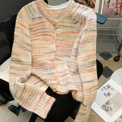 Load image into Gallery viewer, Autumn Winter Beige Stripes Gradient Long Sleeved Short Sweater Women's O-neck Single Breasted Knit Pullover Tops 2024 Thick New
