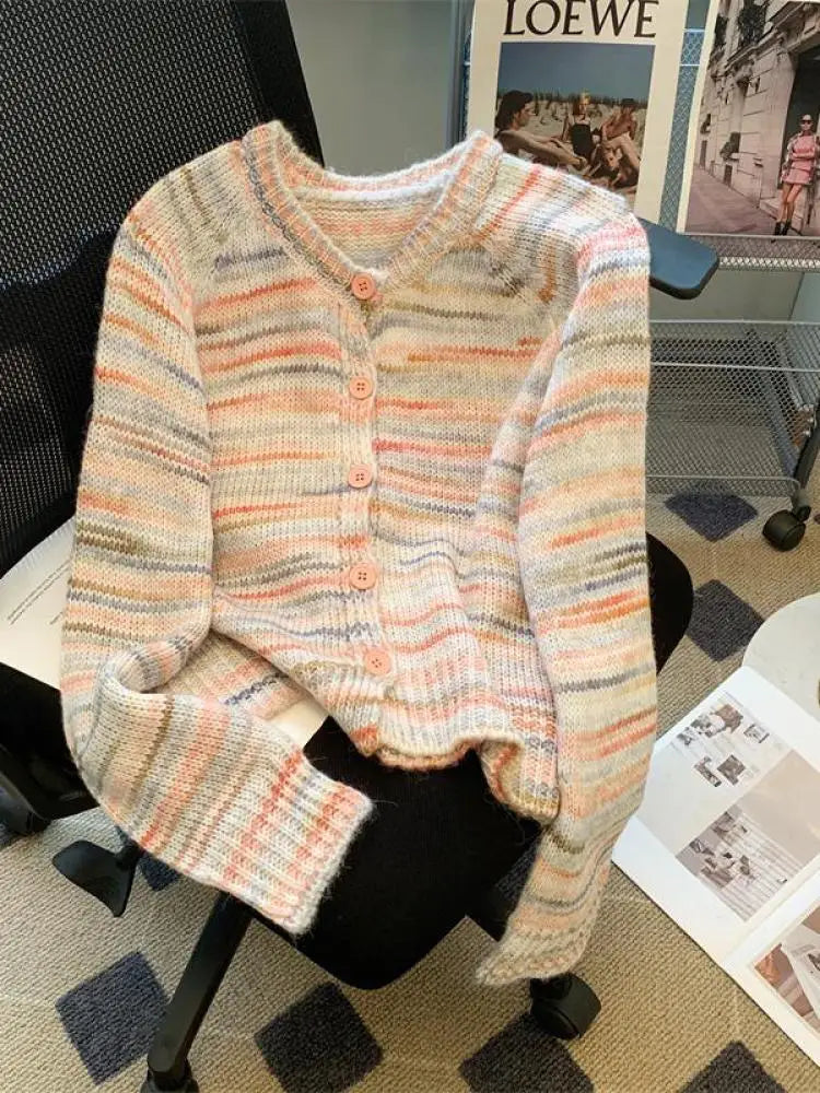 Autumn Winter Beige Stripes Gradient Long Sleeved Short Sweater Women's O-neck Single Breasted Knit Pullover Tops 2024 Thick New