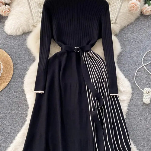 Load image into Gallery viewer, Autumn Fashion New Knitted Straight Patchwork Party Long Dress Korean Women's Half High Neck Elegant Casual Sweater Warm Dresses
