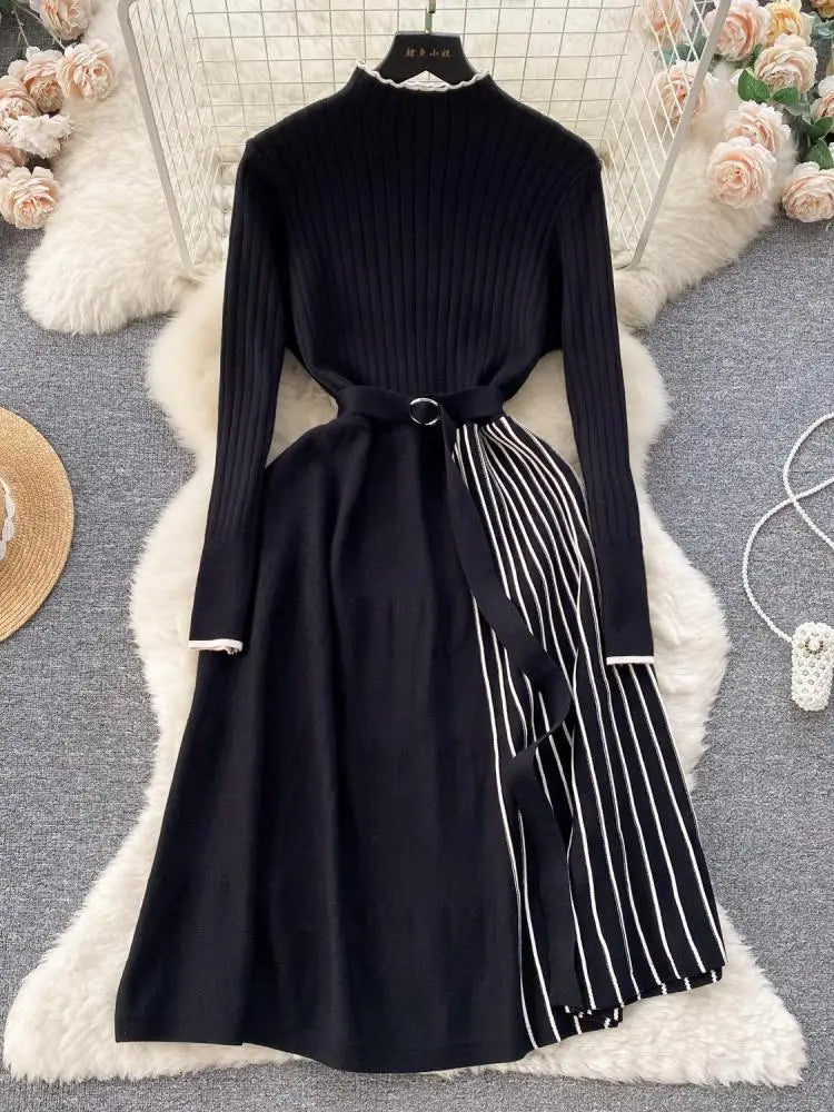 Autumn Fashion New Knitted Straight Patchwork Party Long Dress Korean Women's Half High Neck Elegant Casual Sweater Warm Dresses