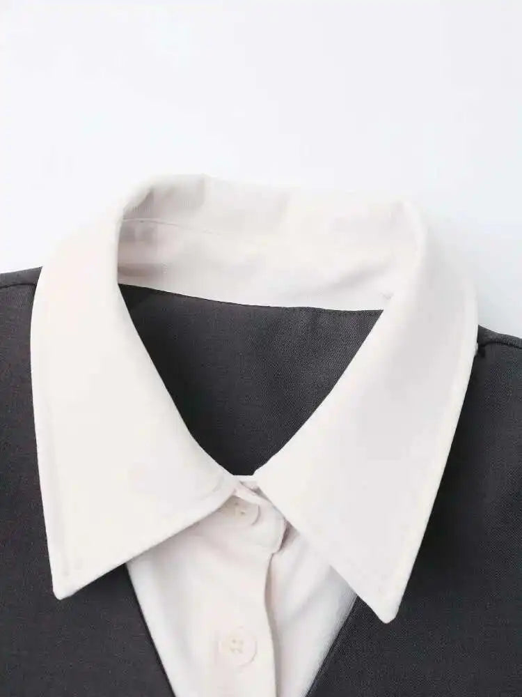 Gray Color-block Jacket Half-body Skirt Two Pieces Suit New Lapel Long Sleeve Women Fashion Spring Autumn 2025 CPG1298