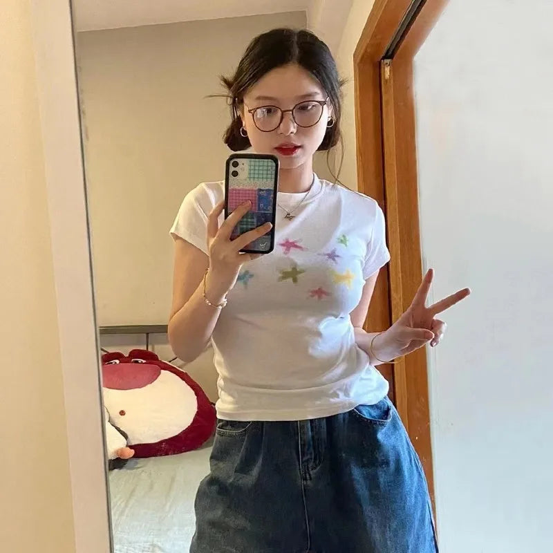 Japanese Kawaii T-shirt 00s Harajuku White Tee Shirt Fairycore Y2k Tops Cute Star Print Short Sleeve Tshirt E-girl 2000s