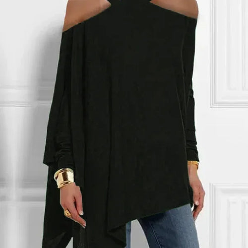 Load image into Gallery viewer, Women&#39;s Minimalist Daily Tops Hollowed Cold Shoulder Halter Long Sleeve Loose Pleated Shirt Elegant Asymmetric Blouse
