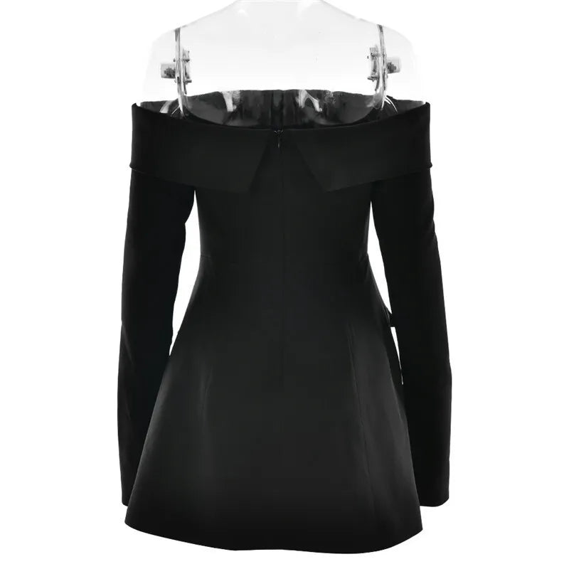 Off-shoulder Long Sleeve Sexy Mini Dress For Women Two Pocket Strapless Backless A-line Club Party Sexy Dress Elegant