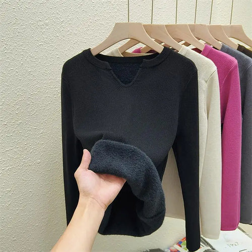 Load image into Gallery viewer, Autumn Winter Korean Fashion Solid V Neck Velvet Knit Crochet Sweater Women Warm Long Sleeve Pullovers Tops Casual Popular Trend
