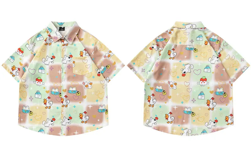 Summer Hawaiian Shirts Streetwear Funny Cartoon Graphic Printed Button Up Short Sleeve Beach Blouse Harajuku Casual Baggy Tops