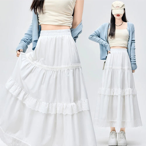 Load image into Gallery viewer, White Lace Sweet Summer Elegant Women&#39;s Skirts Office Ladies New Solid Color Chicly Elastic Waist Simple Casual Female Skirts
