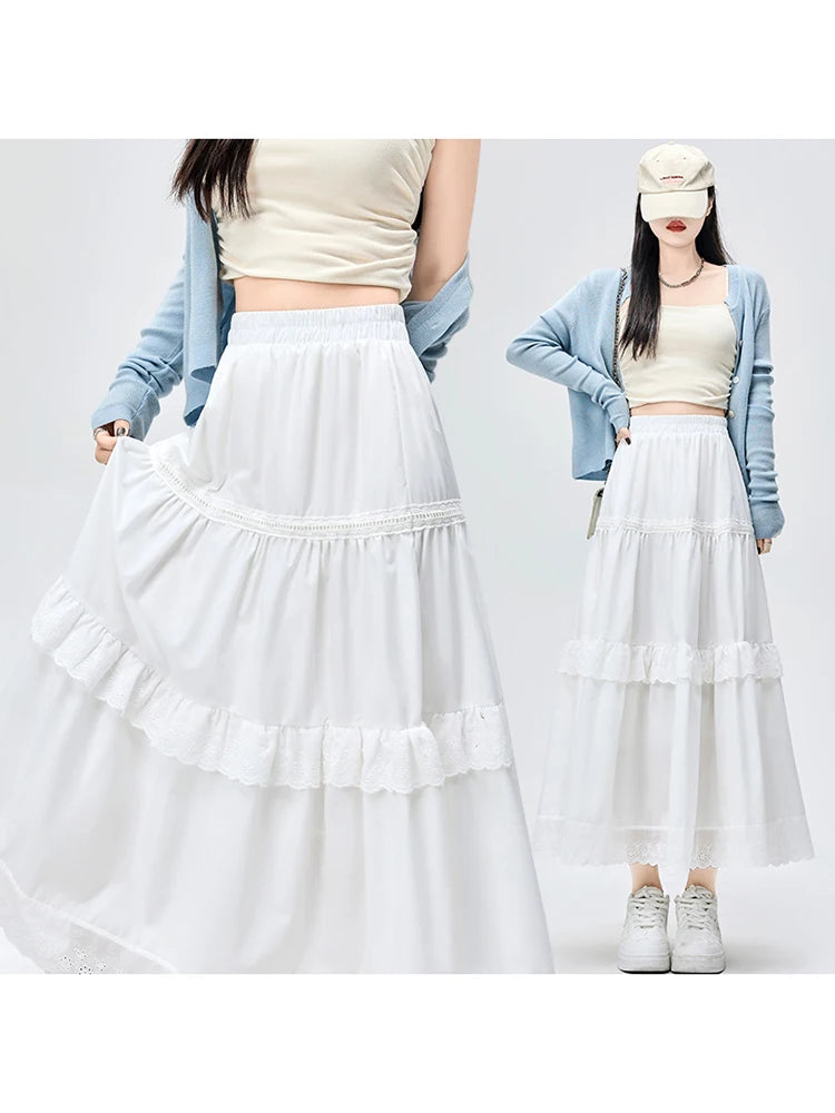 White Lace Sweet Summer Elegant Women's Skirts Office Ladies New Solid Color Chicly Elastic Waist Simple Casual Female Skirts