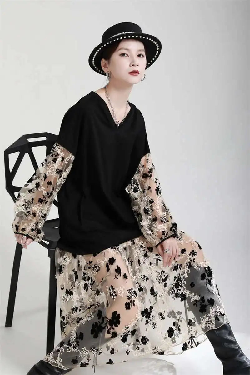 Women Pattern Printed Perspective Big Size Dress New V-Neck Long Sleeve Loose Fit Fashion Tide Spring Autumn 2025 1DE3176