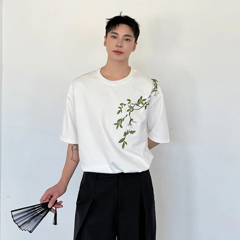 Men's Chinese Style Embroidered Short Sleeved 2024 Male Summer Round Neck Embroidered Loose Top Casual T-shirt 9C5547