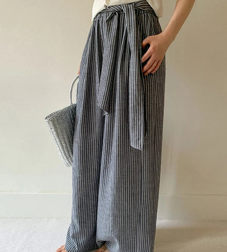 High Elastic Waist Gray Striped Bandage Casual Wide Leg Pants New Trousers Women Fashion Tide Spring Autumn 2025 1DJ1492