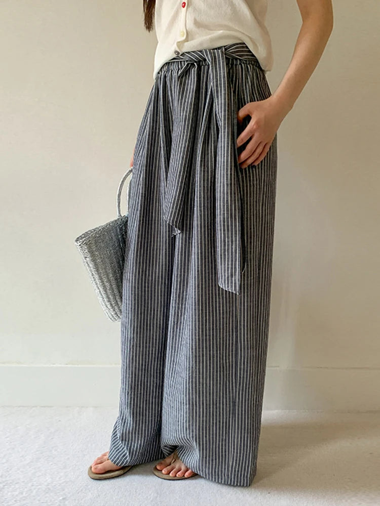 High Elastic Waist Gray Striped Bandage Casual Wide Leg Pants New Trousers Women Fashion Tide Spring Autumn 2025 1DJ1492