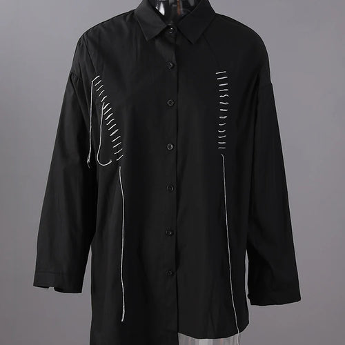 Load image into Gallery viewer, Women Black Topstitched Irregular Big Size Blouse New Lapel Long Sleeve Shirt Fashion Tide Spring Autumn 2025 30A2056

