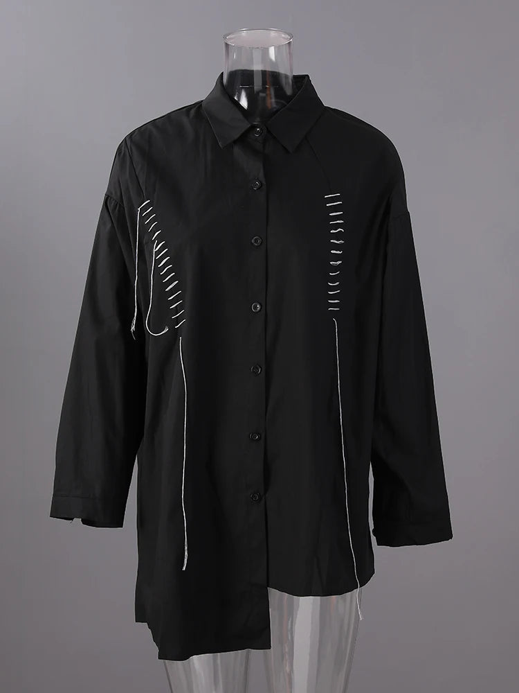 Women Black Topstitched Irregular Big Size Blouse New Lapel Long Sleeve Shirt Fashion Tide Spring Autumn 2025 30A2056