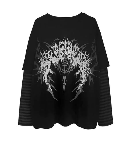 Streetwear T Shirts Women Oversized Tops 2024 Ropa Mujer Print Long Sleeve Fake Two Tshirts Casual Fashion Korean Y2k T-shirt