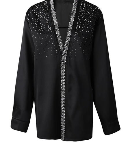 Women Black Rhinestones Shining Big Size Blouse New V-neck Long Sleeve Shirt Fashion Tide Spring Autumn 2025 CPG3015