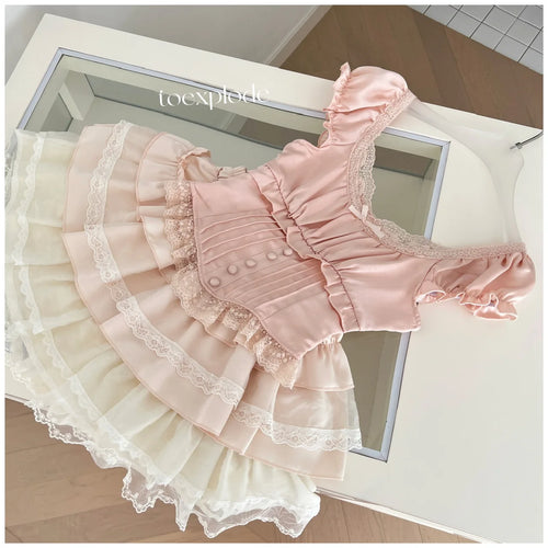 Load image into Gallery viewer, French Summer Sweet Pink Patchwork Lace Short Sleeve Tops And Beige High Waist Ruffle Edge Cake Mini Skirt Women Two Piece Sets
