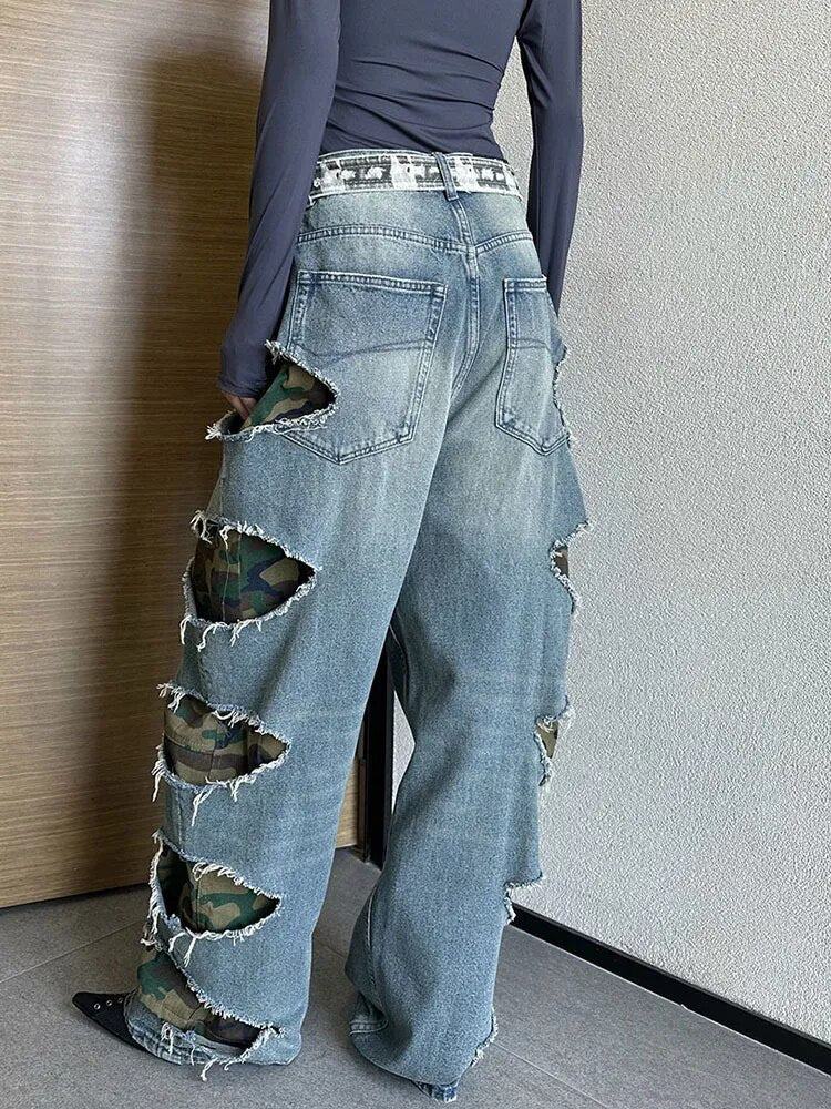 Casual Streetwear Jeans For Women High Waist Full Length Hollow Out Loose Wide Leg Pant Female Fashion Clothing