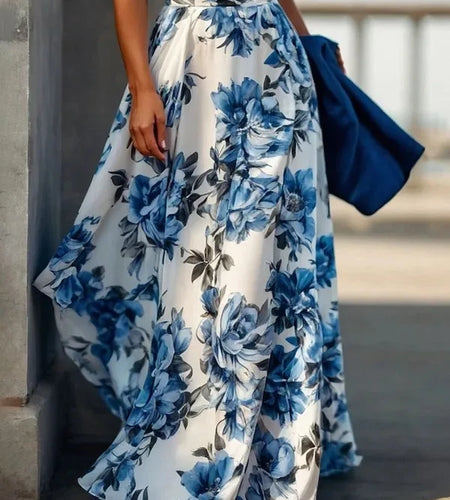 Women Summer Long Dresses 2025 New Fit Party Beach Birthday Wedding Sleeveless Flower Print Halter A-line Dress Woman