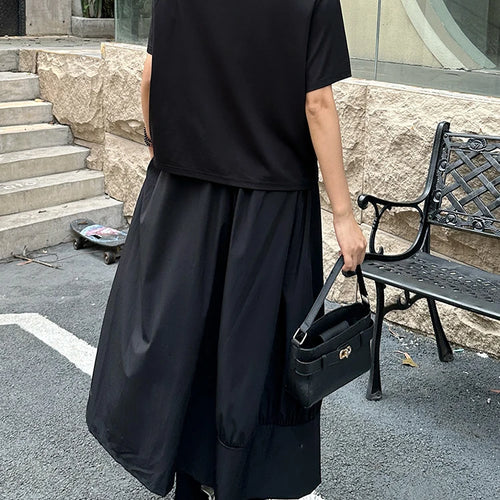 Load image into Gallery viewer, Women Black Irregular Drawstring Big Size T-shirt New Skew Collar Short Sleeve Fashion Tide Spring Summer 2025 1DJ1374
