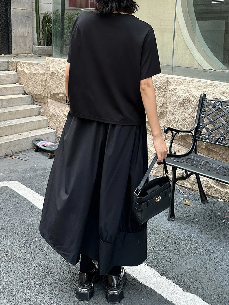 Women Black Irregular Drawstring Big Size T-shirt New Skew Collar Short Sleeve Fashion Tide Spring Summer 2025 1DJ1374