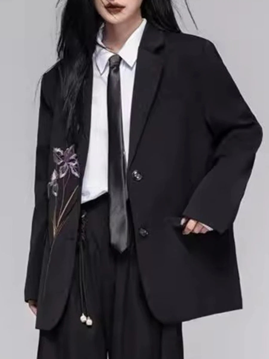 Solid Loose Spliced Embroidery Elegant Blazers for Women Lapel Long Sleeves Patchwork Buttons Blazer Female Fashion