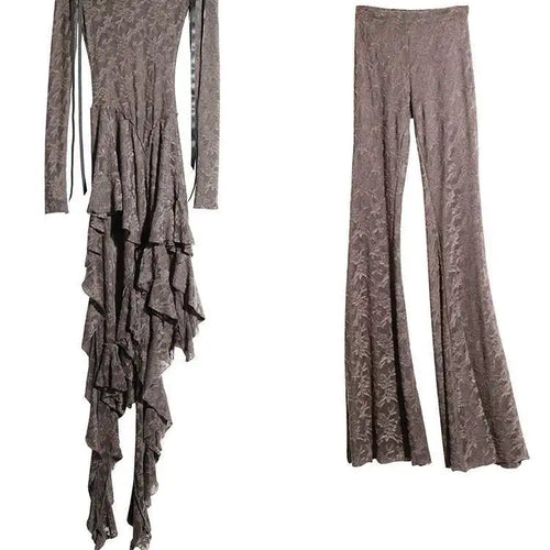 Load image into Gallery viewer, Gray Lace T-shirt Wide Leg Pants Two Piece Suit New Slash Neck Long Sleeve Women Fashion Tide Spring Autumn 2025 1DH8267
