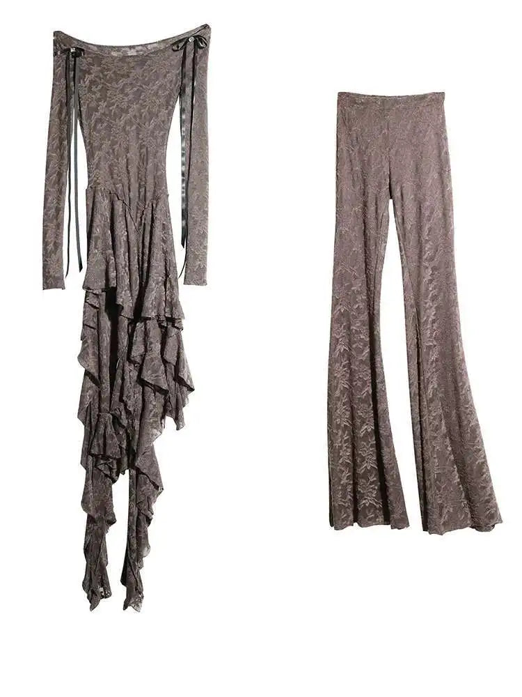 Gray Lace T-shirt Wide Leg Pants Two Piece Suit New Slash Neck Long Sleeve Women Fashion Tide Spring Autumn 2025 1DH8267