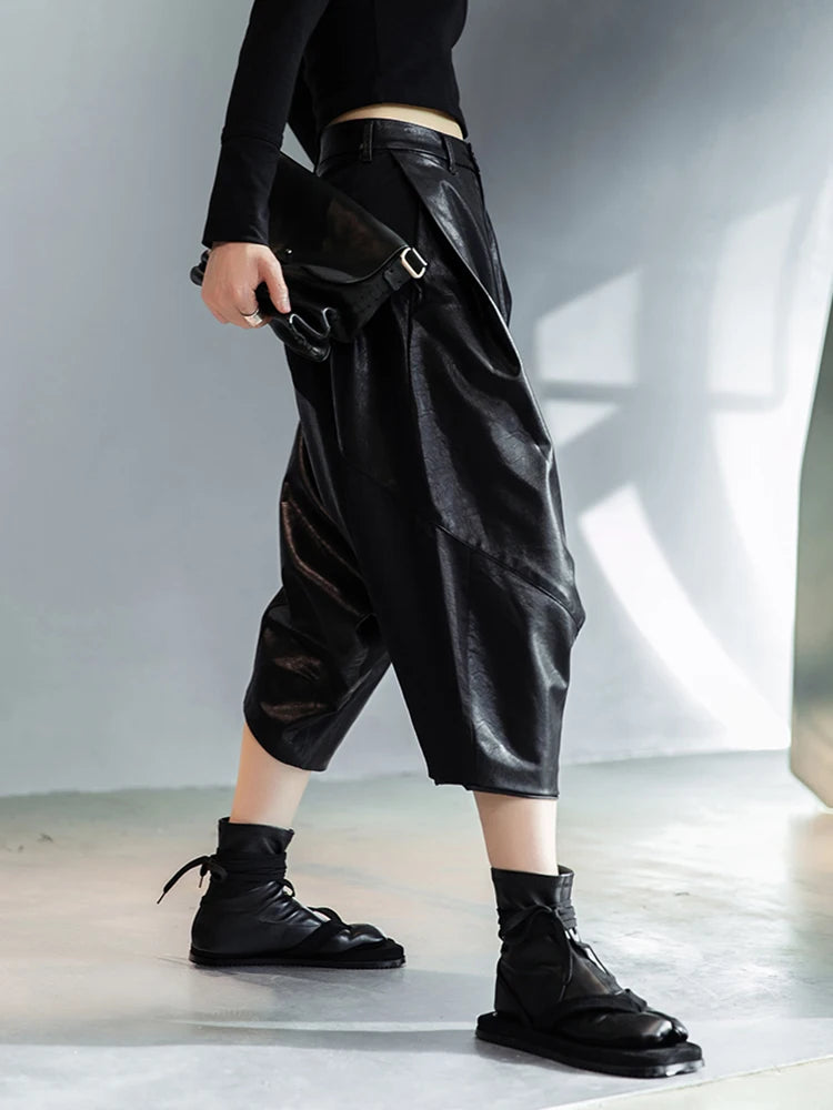 High Elastic Waist Black Leather Long Harem Trousers New Loose Fit Pants Women Fashion Tide Spring Autumn 2025 1DE3072