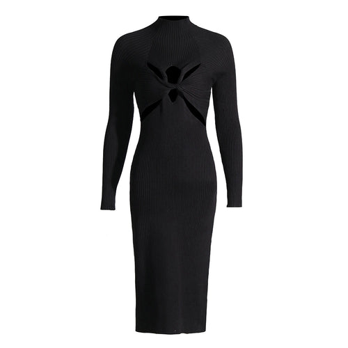 Load image into Gallery viewer, Hollow Out Solid Dresses For Women Half High Collar Long Sleeve High Waist Elegant Dress Female Fashion Summer
