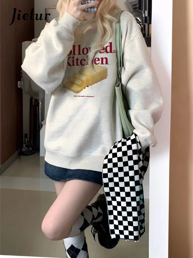 Winter Loose Solid Color Women Hoodies Fashion Chicly Printing Classic O-neck Simple Casual Streetwear Top Female Hoodies