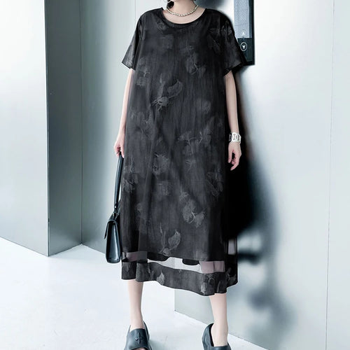 Load image into Gallery viewer, Women Black Printed Mesh Spliced Big Size Midi Dress New Round Neck Short Sleeve Fashion Tide Spring Summer 2025 1DJ0850
