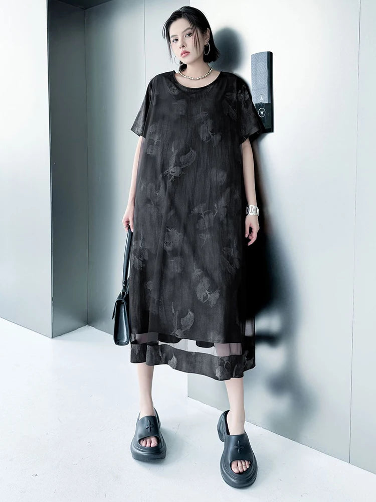 Women Black Printed Mesh Spliced Big Size Midi Dress New Round Neck Short Sleeve Fashion Tide Spring Summer 2025 1DJ0850
