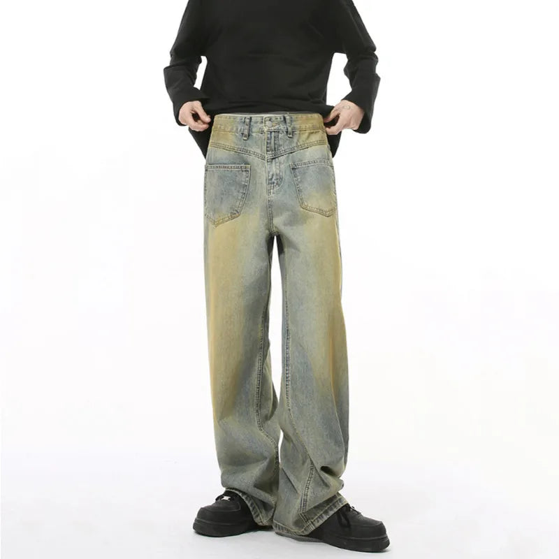Men's American Style Jeans High Street Reverse Pockets Trendy Gradient Color Distressed Loose Male Denim Pants 9W1832