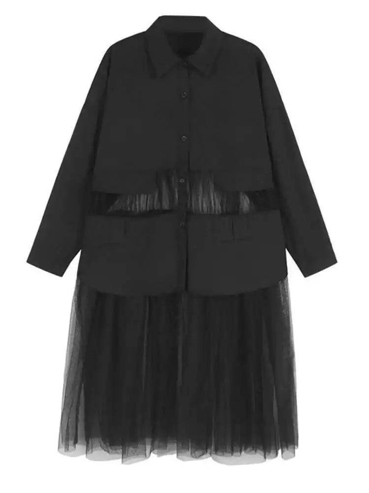 Women Black Mesh Perspective Big Size Midi Shirt Dress New Lapel Long Sleeve Fashion Tide Spring Autumn 2025 1DJ0140