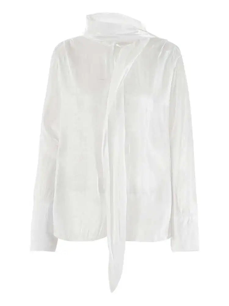 Women Black Organza Elegant Big Size Blouse New Scarf Collar Long Sleeve Shirt Fashion Tide Spring Autumn 2025 CPG2114