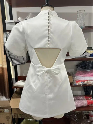 Load image into Gallery viewer, Elegant Short Sleeved Satin Slim Fit Backless  Hollow Out Bow Mini Dress For Women&#39;s Fashionable Street Party Clothing

