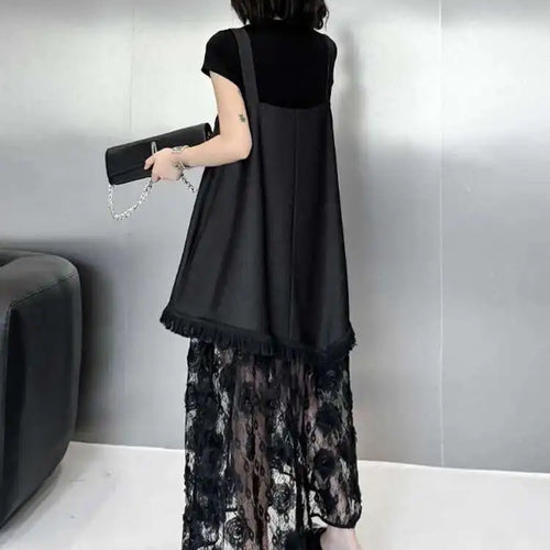 Load image into Gallery viewer, Women Black Hem Lace Denim Elegant Big Size Strap Dress New Square Collar Sleeveless Fashion Spring Autumn 2025 1DH6630
