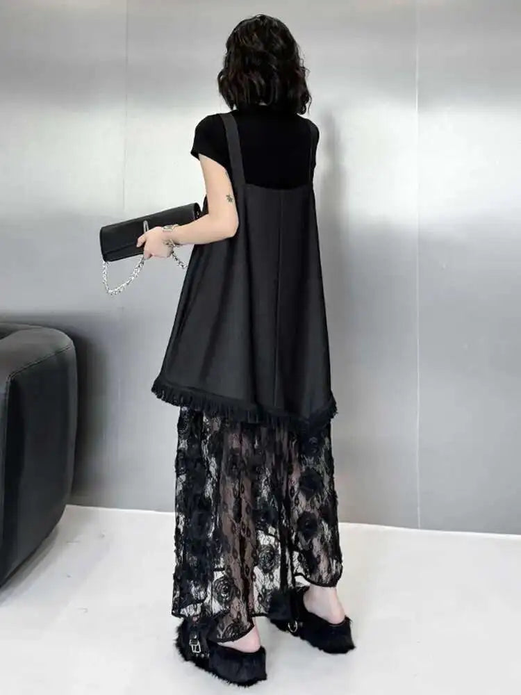 Women Black Hem Lace Denim Elegant Big Size Strap Dress New Square Collar Sleeveless Fashion Spring Autumn 2025 1DH6630