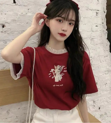 Shirts for Women Patchwork Lace Summer Tshirts Fake Two Tees 2024 Ropa Mujer Cartoon Print Fashion Casual Sweet T Shirt Tops