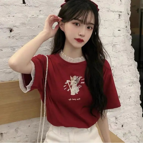 Load image into Gallery viewer, Shirts for Women Patchwork Lace Summer Tshirts Fake Two Tees 2024 Ropa Mujer Cartoon Print Fashion Casual Sweet T Shirt Tops
