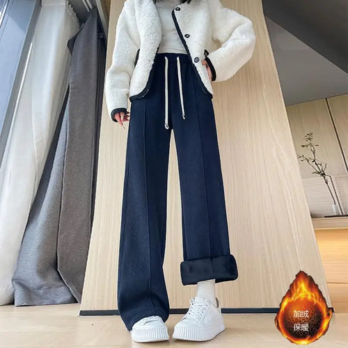 Load image into Gallery viewer, Women Black Blue Velvet High Waist Office Ladies Pant Korean Fashion Red Drawstring Wide Leg Trousers Casual Thick New 2024 Chic
